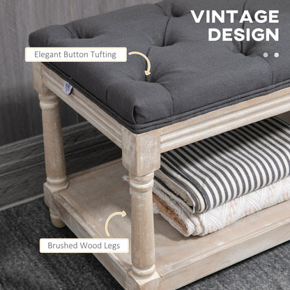 Lono Grey 2 Tier Vintage Style Bed End Bench With Storage Shelf Tufted Diamond