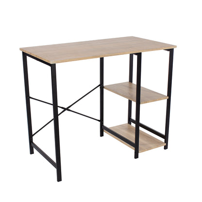 Bodrum Oak Wood Study Desk With Side Storage Shelves And Black Metal Legs