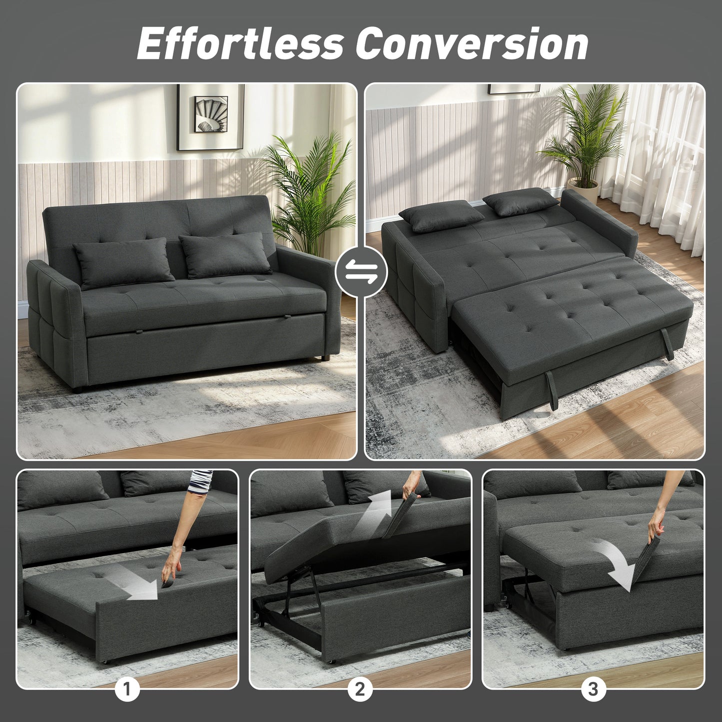 Lula Dark Grey Fabric Upholstered 3 Way Convertible 2 Seater Sofa Bed