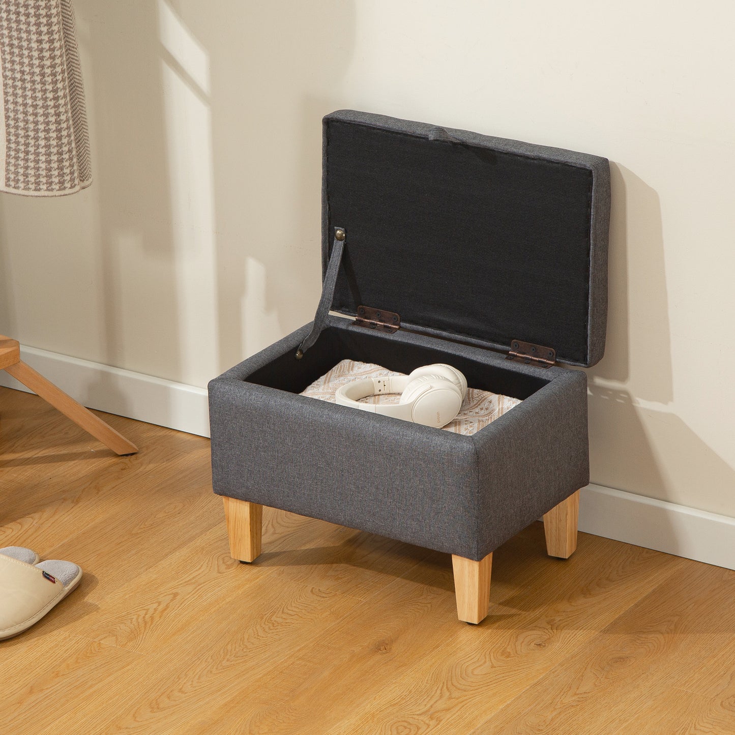 Doma Linen Grey Compact Storage Footstool With Storage Natural Wooden Legs