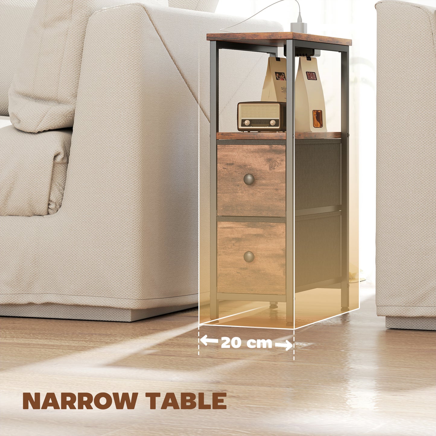 Suro Wooden Narrow Bedside Table With 2 Drawers And Built In Charging Station