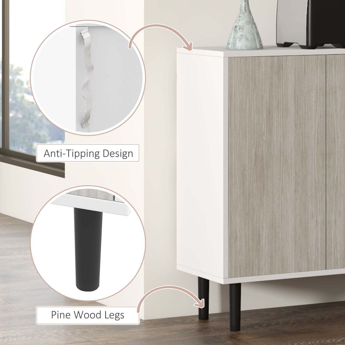 Sosule White and Grey Sideboard With 4 Doors and 2 Shelves