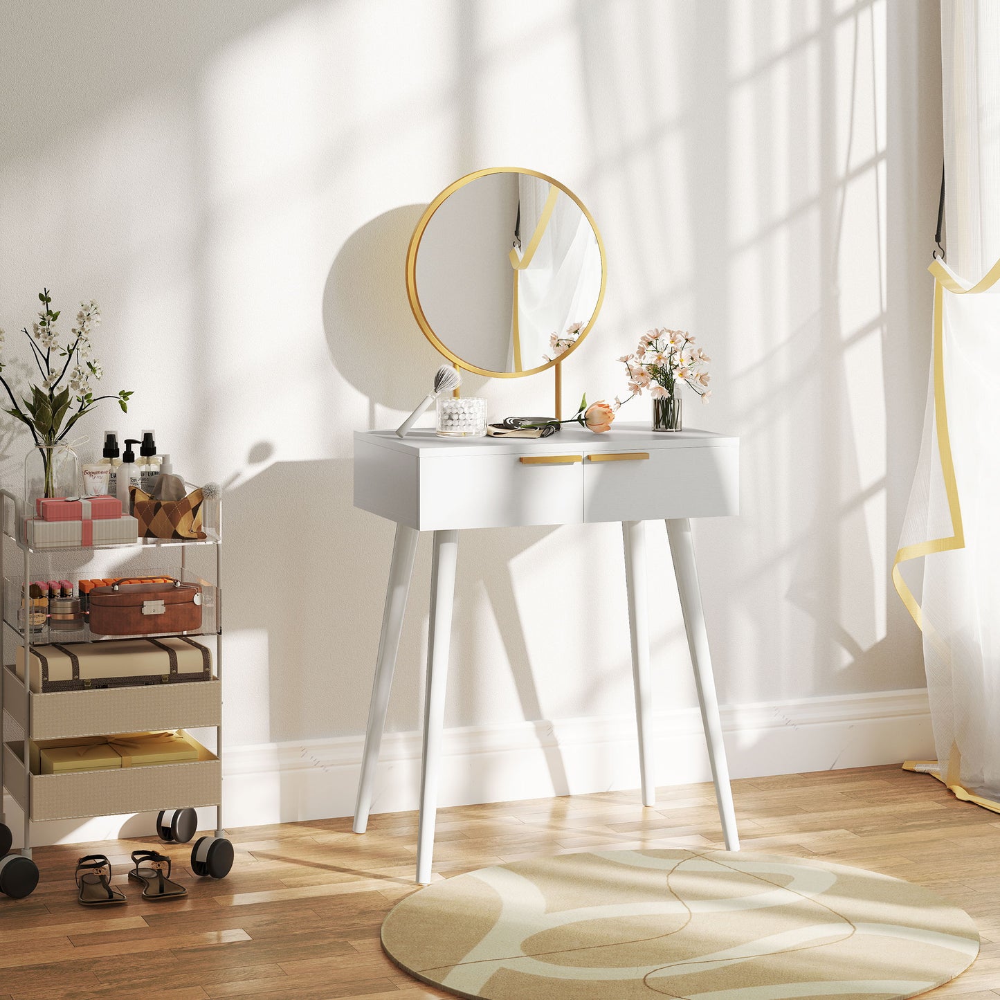 Sovaha White Elegant Dressing Table With Round Mirror 60 x 40 x 123cm