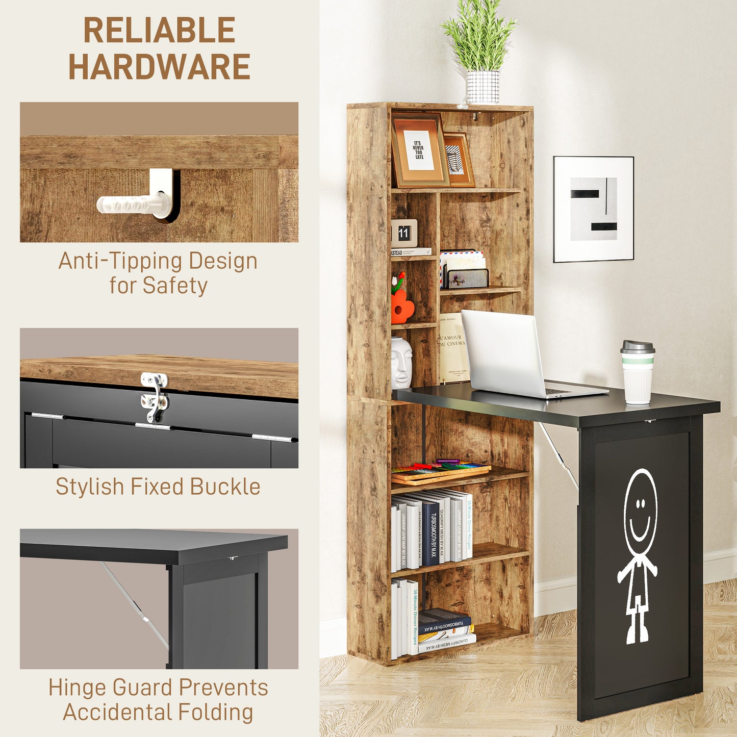 Codi 98cm Rustic Brown Folding Desk With Blackboard Panel And Side Shelving