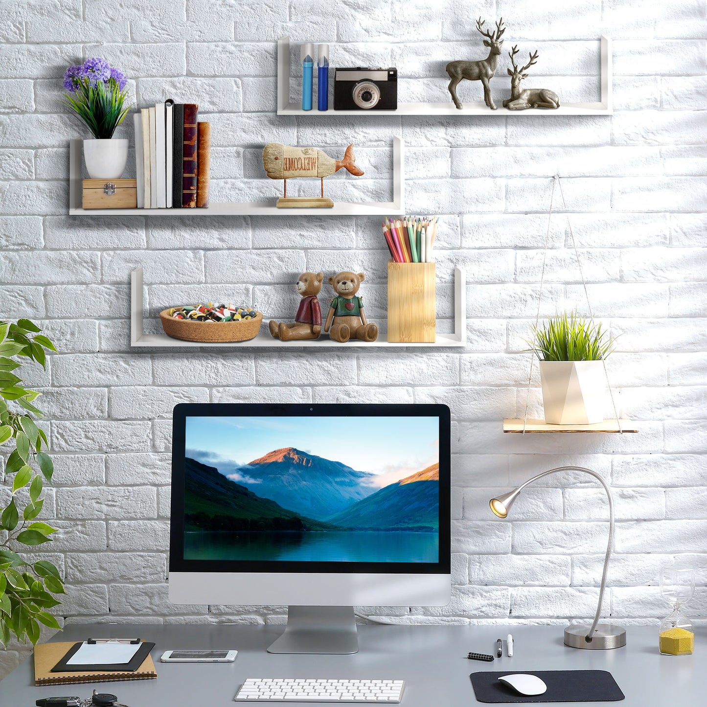 Yosa Toli Wood White Set Of 3 U ShaFauxd Floating Shelves 80 cm Wall Mounted
