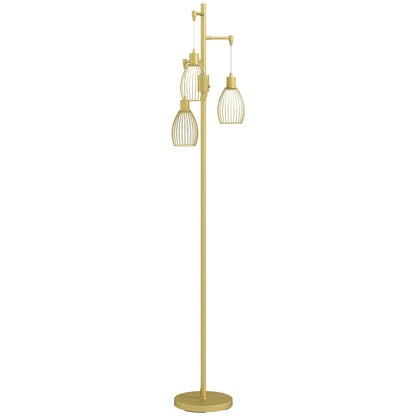 Rodi Metal Gold Tone Industrial 3 Light Floor Lamp With Wire Cage Shades