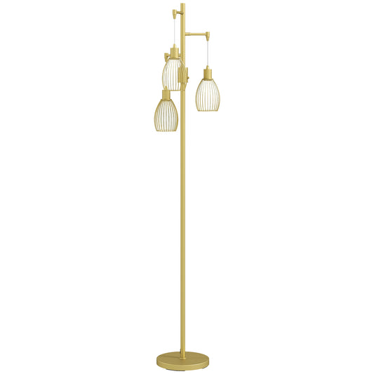 Rodi Metal Gold Tone Industrial 3 Light Floor Lamp With Wire Cage Shades