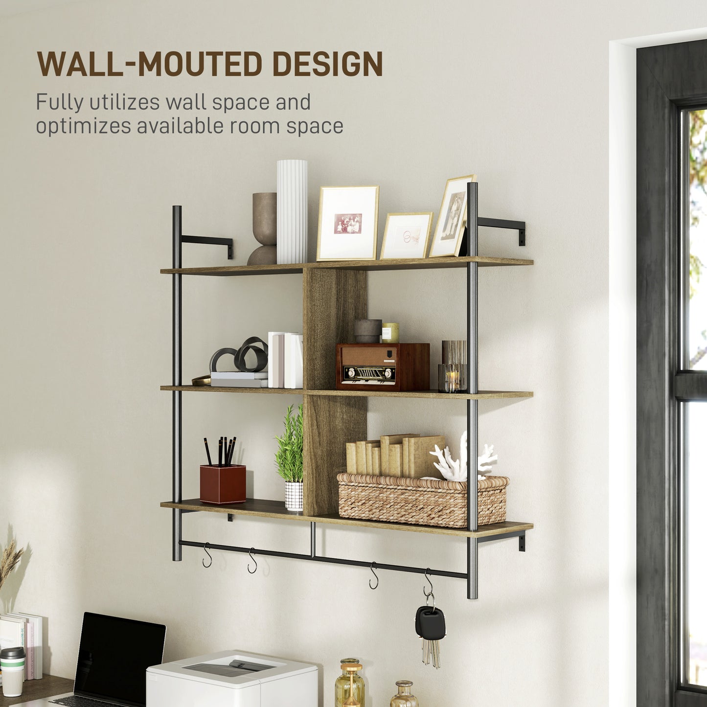 Doso Yoli Wood Effect Grey 3 Tier Floating Wall Shelves
