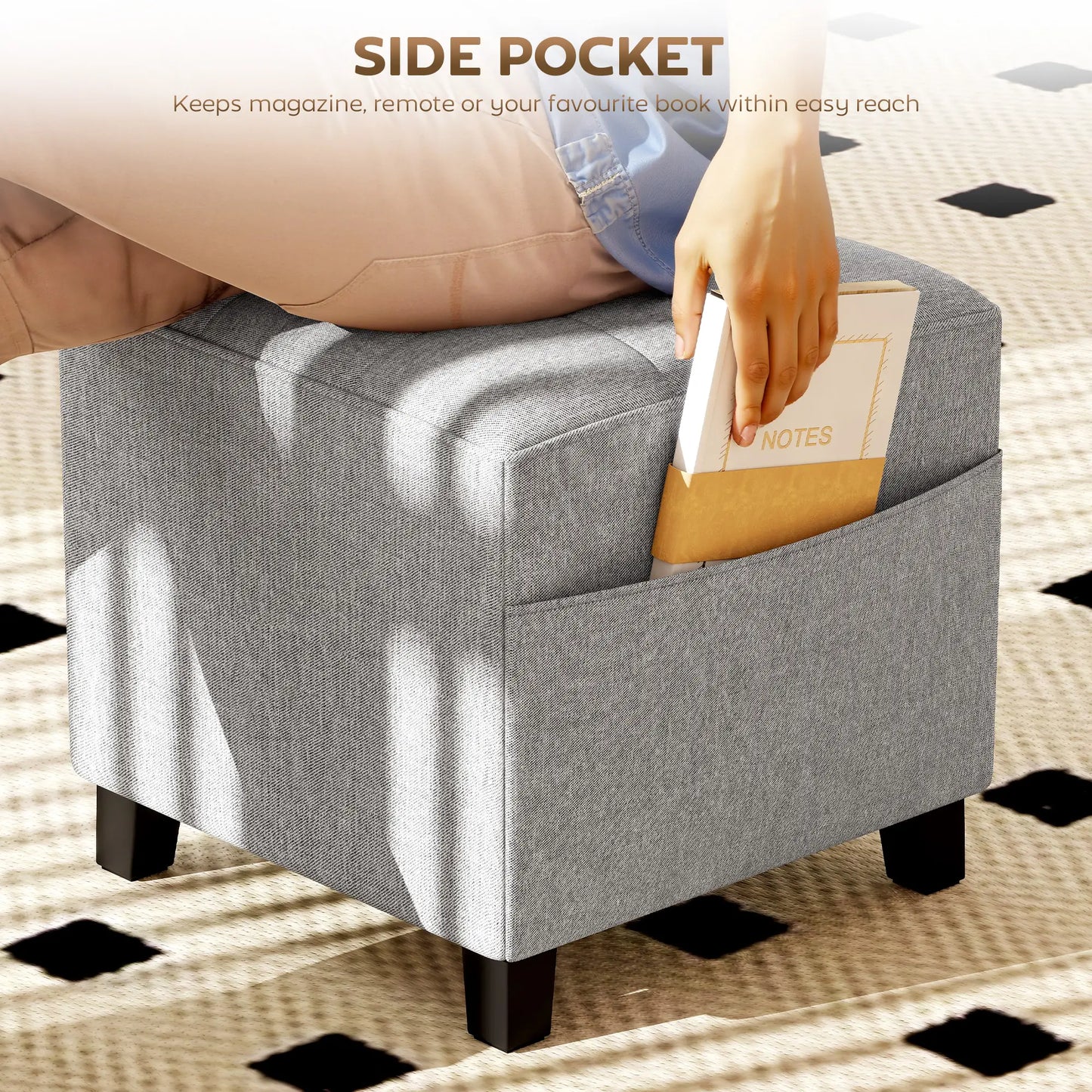 Linen Light Grey Compact Square Footstool With Side Pocket And Black Wooden Legs
