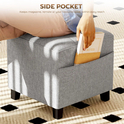Linen Light Grey Compact Square Footstool With Side Pocket And Black Wooden Legs