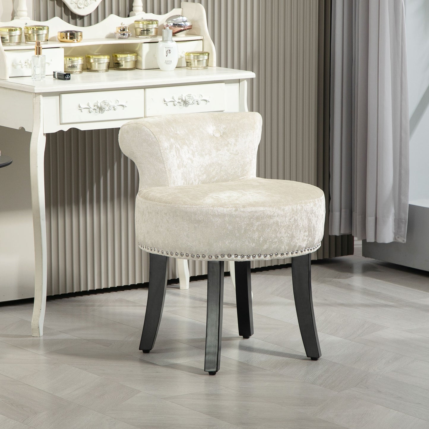 Salami Beige Velvet Dressing Table Stool With Rubber Wood Legs