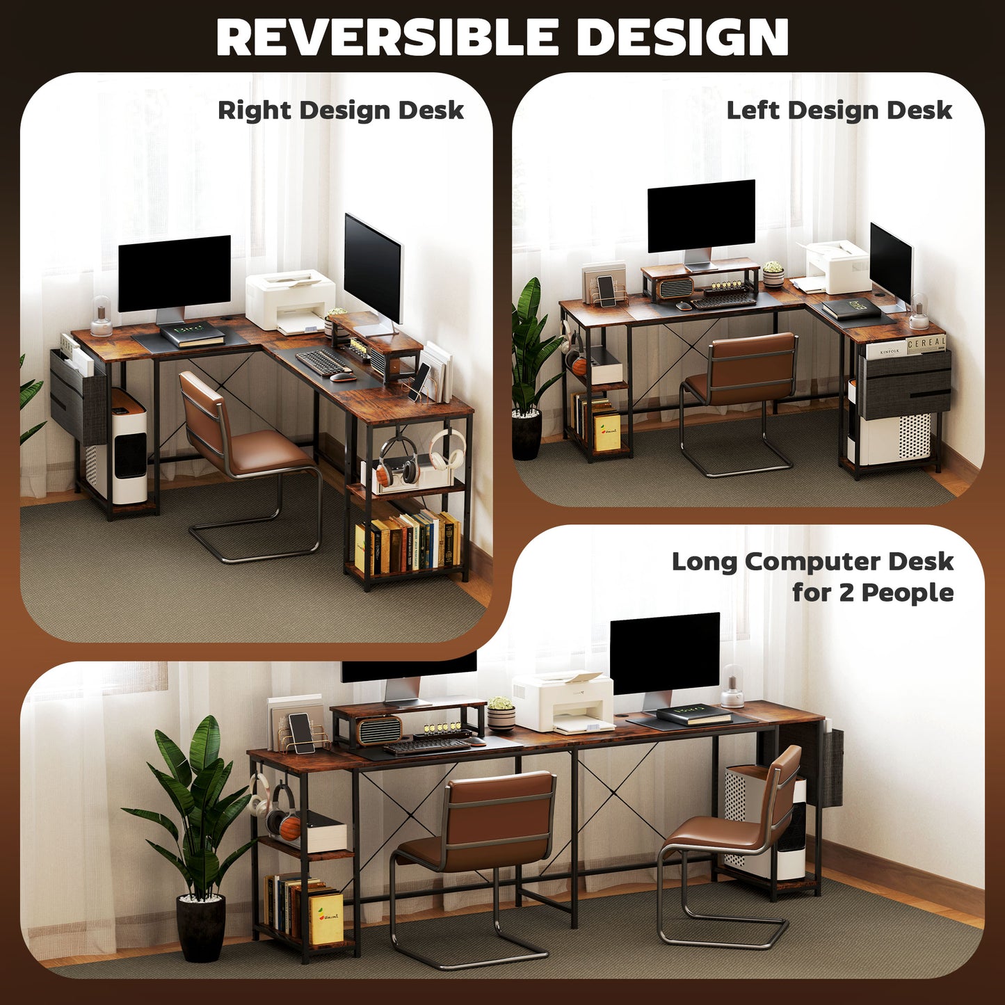 Lesano 168cm Rustic Brow Reversible Industrial L Shaped Desk With Adjustable Shelves And Monitor Stand