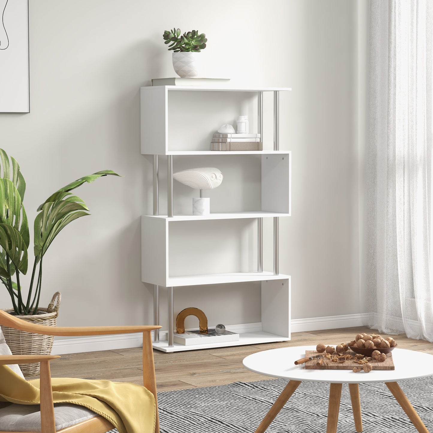 Fini Wood White 5 Tier S ShaFauxd Freestanding Bookcase 80 x 30 x 145 cm