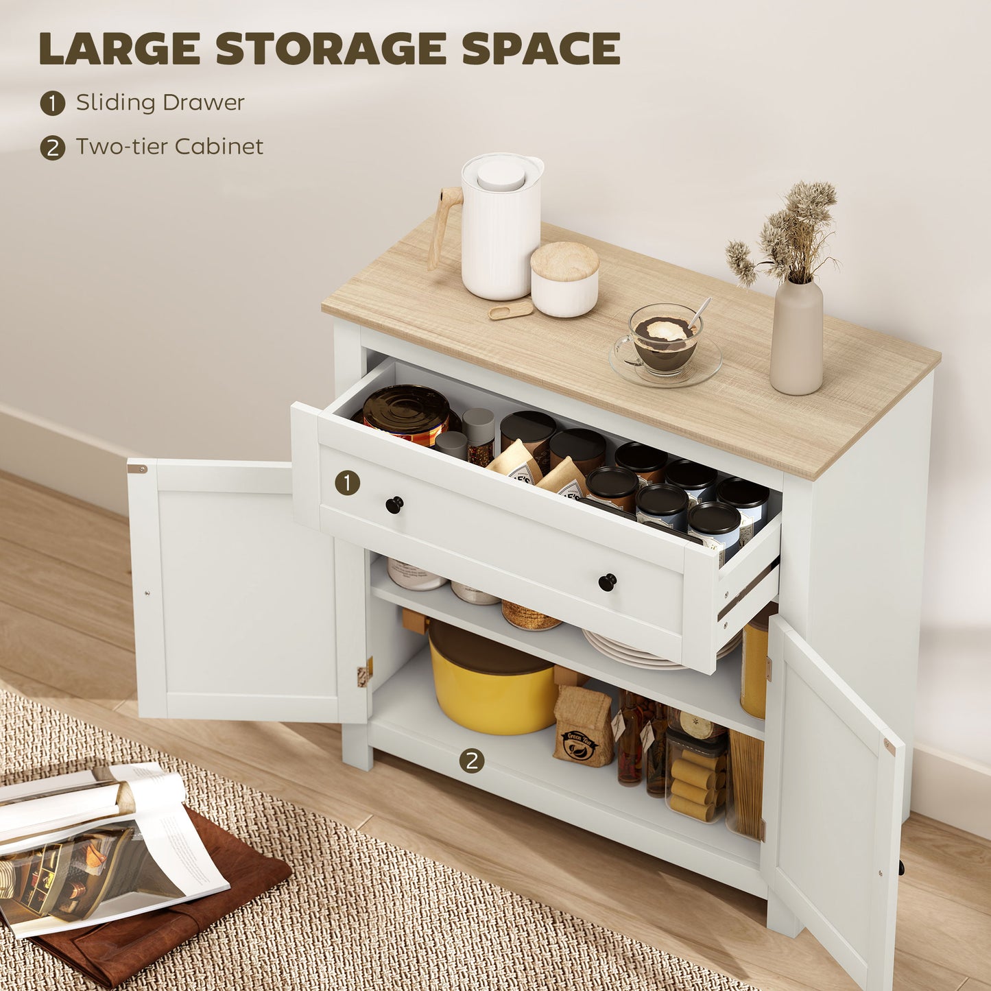 Viso Wooden Cream White Modern Sideboard With Drawers Adjustable Shelves And Double Doors