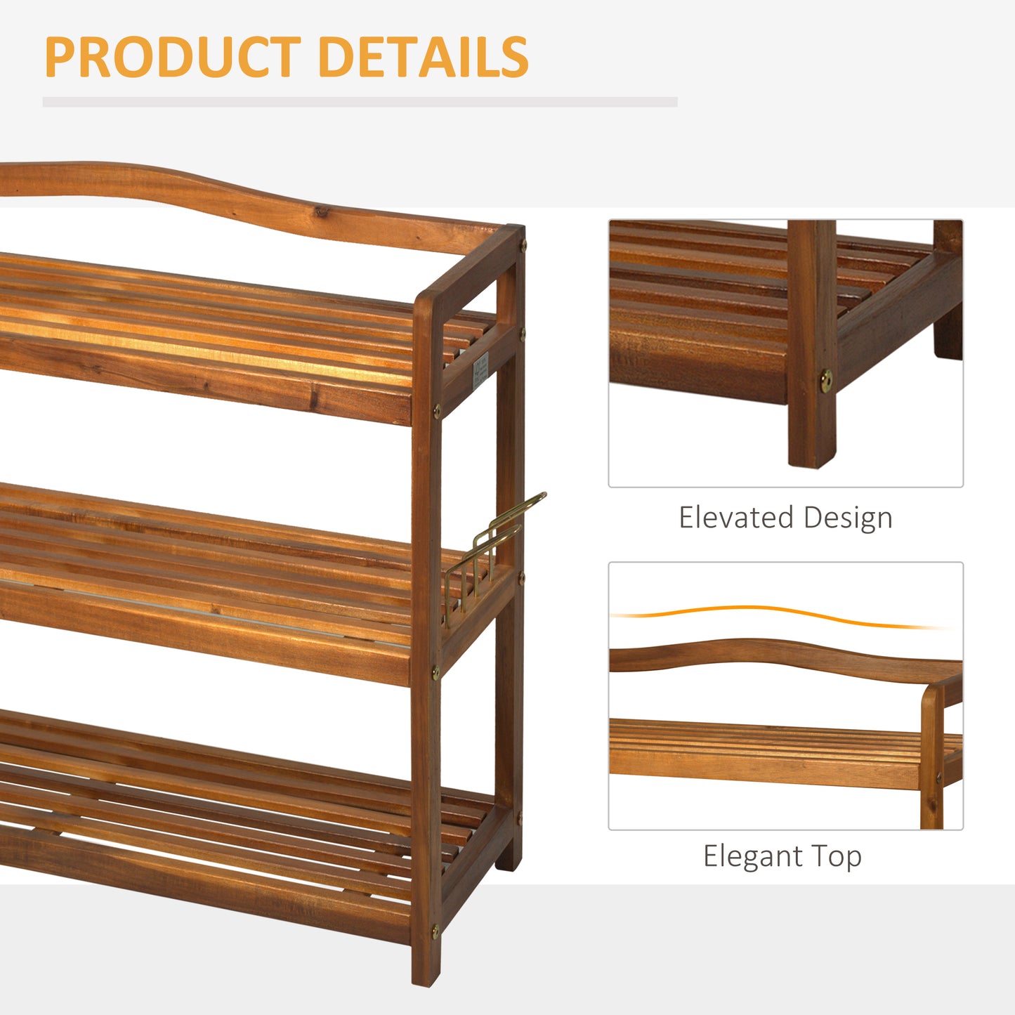 Lisesa Acacia Wood Teak 3 Tier Shoe Rack With Hangers For Up To 12 Pairs