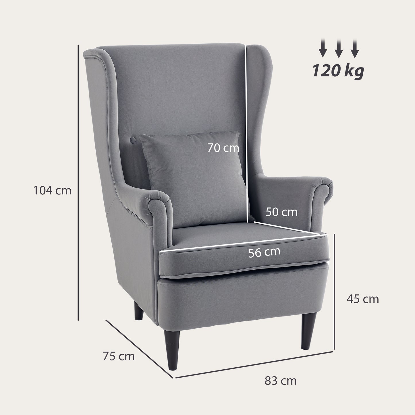 Harire Grey Velvet Wingback Accent Chair With High Back Pillow And Wooden Legs