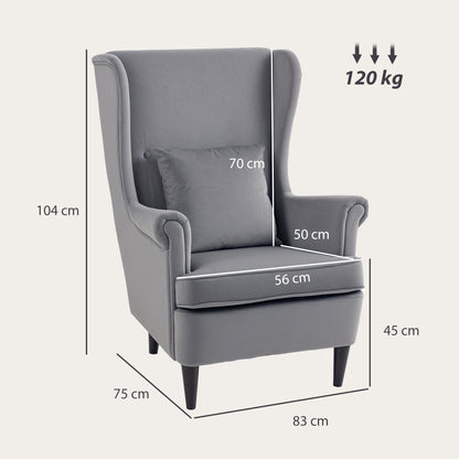 Harire Grey Velvet Wingback Accent Chair With High Back Pillow And Wooden Legs