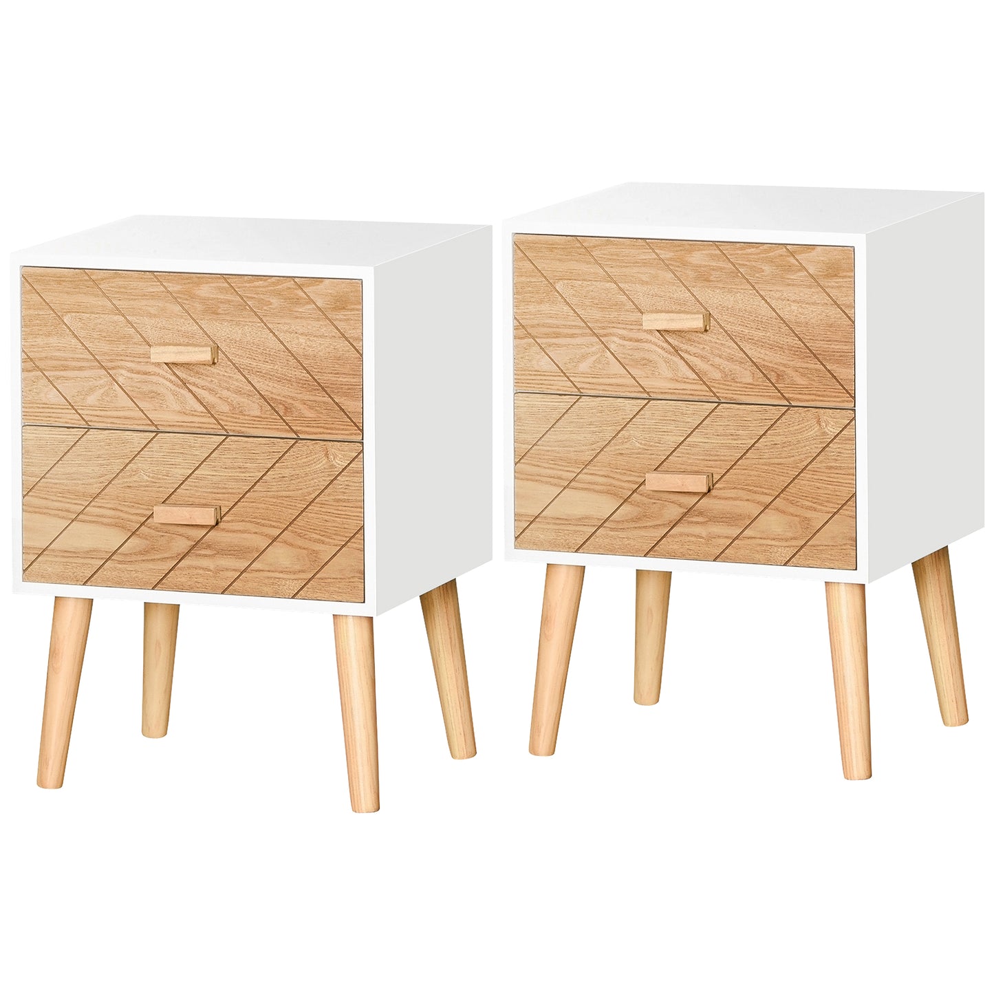 Elco Natural Wooden Set Of 2 Bedside Tables With 2 Drawers And Angled Legs