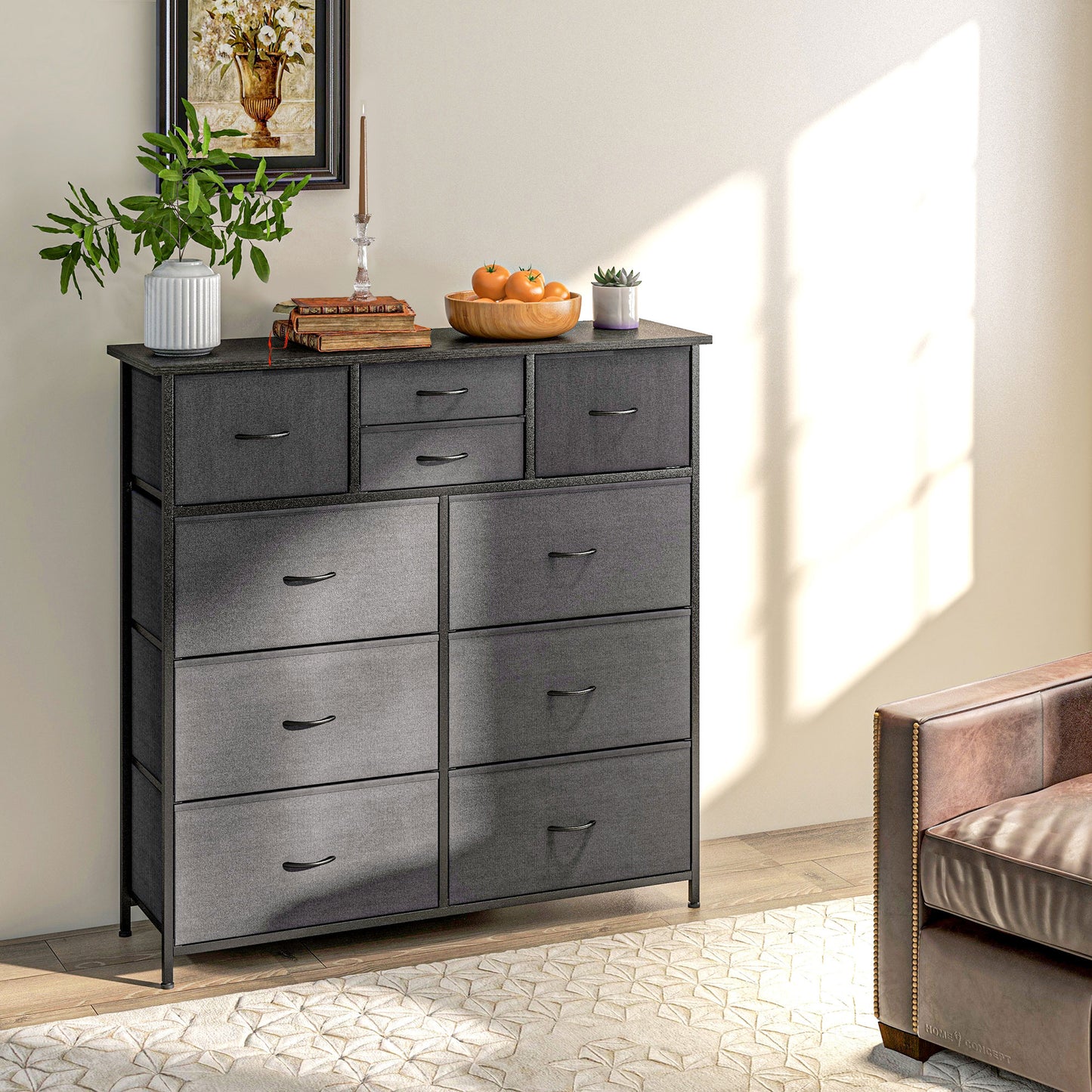 Salina Metal And Fabric Black 10 Drawer Storage Dresser With Foldable Drawers And Steel Frame