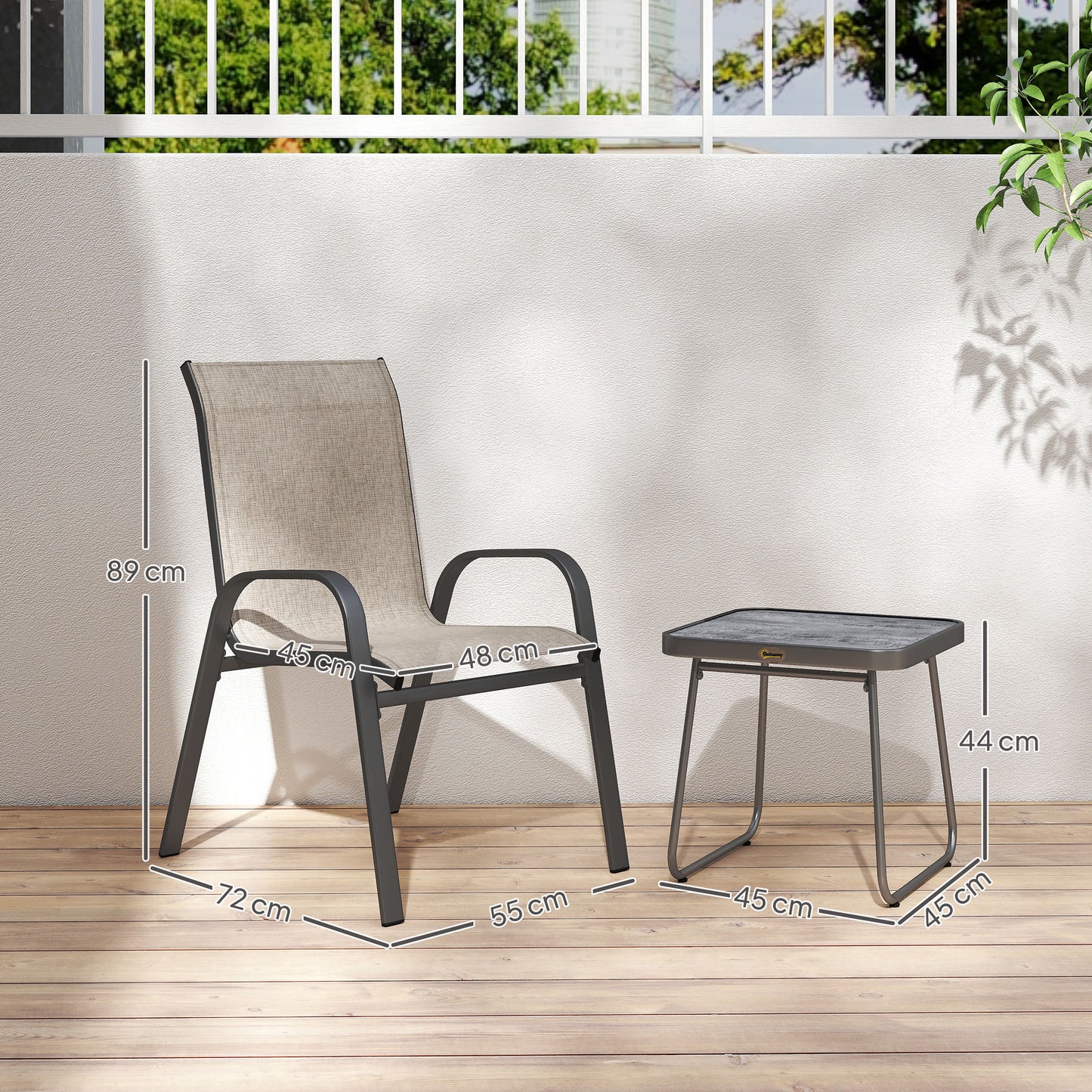 Diseli 3 Piece Outdoor Mesh Bistro Set With Stackable Chairs And Coffee Table In Brown