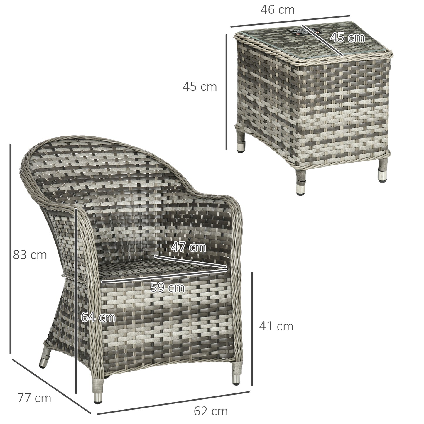 Yosu Rattan Grey 3 Piece Bistro Set With Glass Top Table