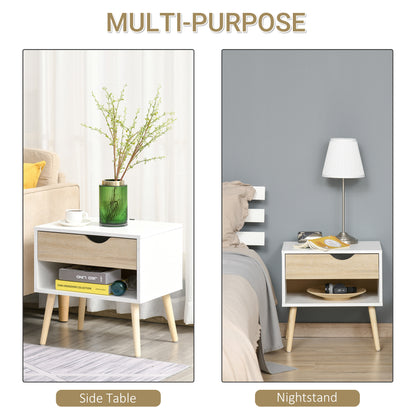 Basuve White Modern Bedside Table With Natural Wood Drawer And Shelf