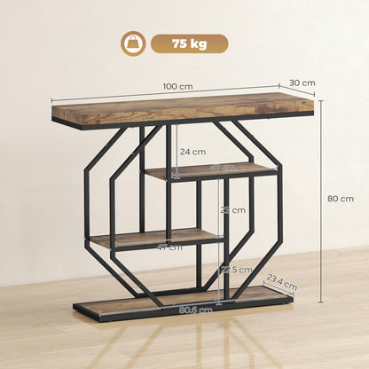 Reello Metal And Wooden Rustic Brown 4 Tier Industrial Console Table