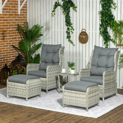 Lusuva Faux Rattan Grey 5 Piece Reclining Bistro Set With Footstools Cushions And Glass Table