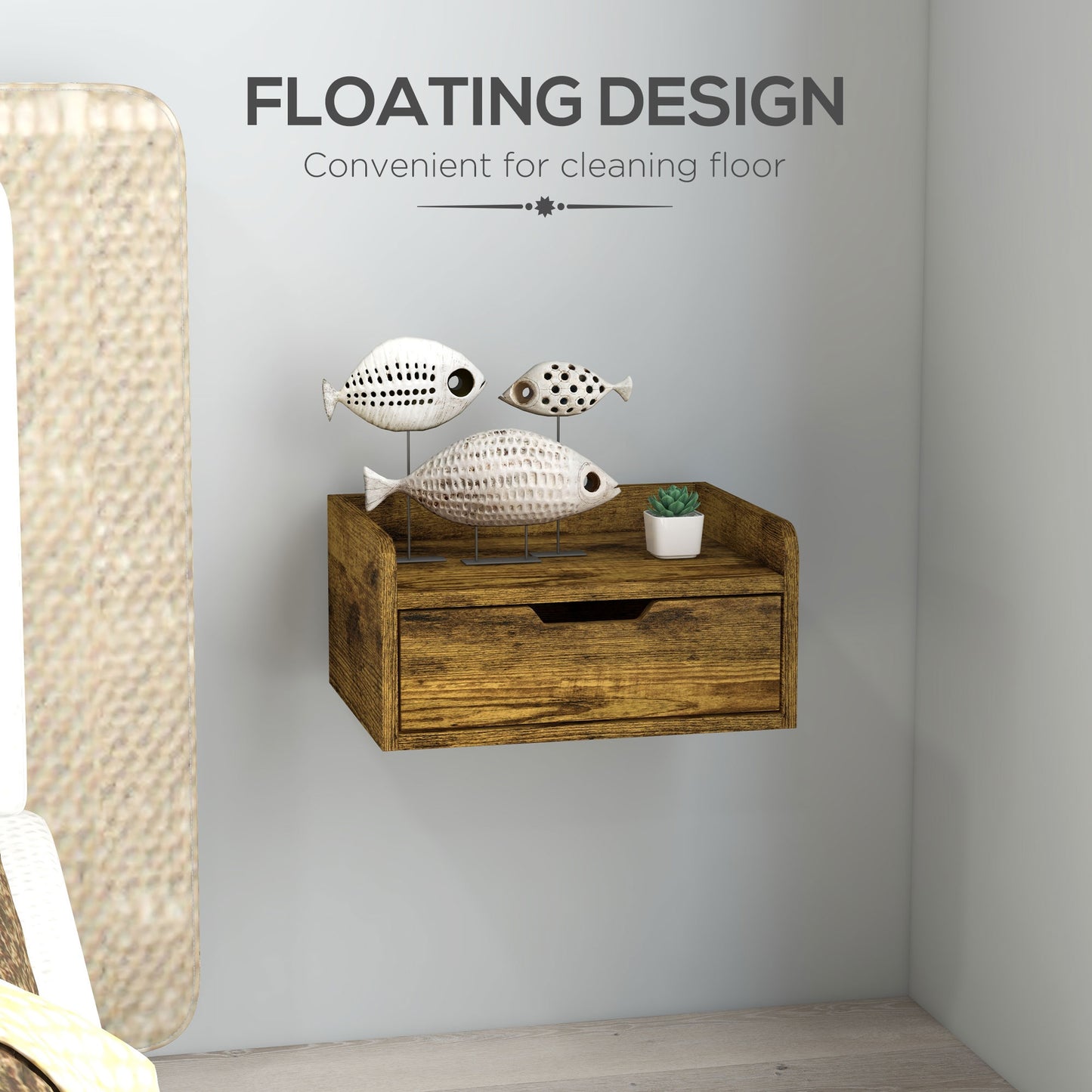 Mita Tova Rustic Brown Set Of 2 Wall Mounted Floating Bedside Tables With Drawer Storage