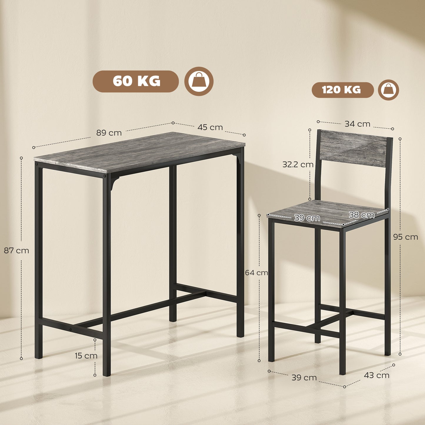 Novero 3 Piece Industrial Breakfast Bar Set With 2 Stools And Footrest Support