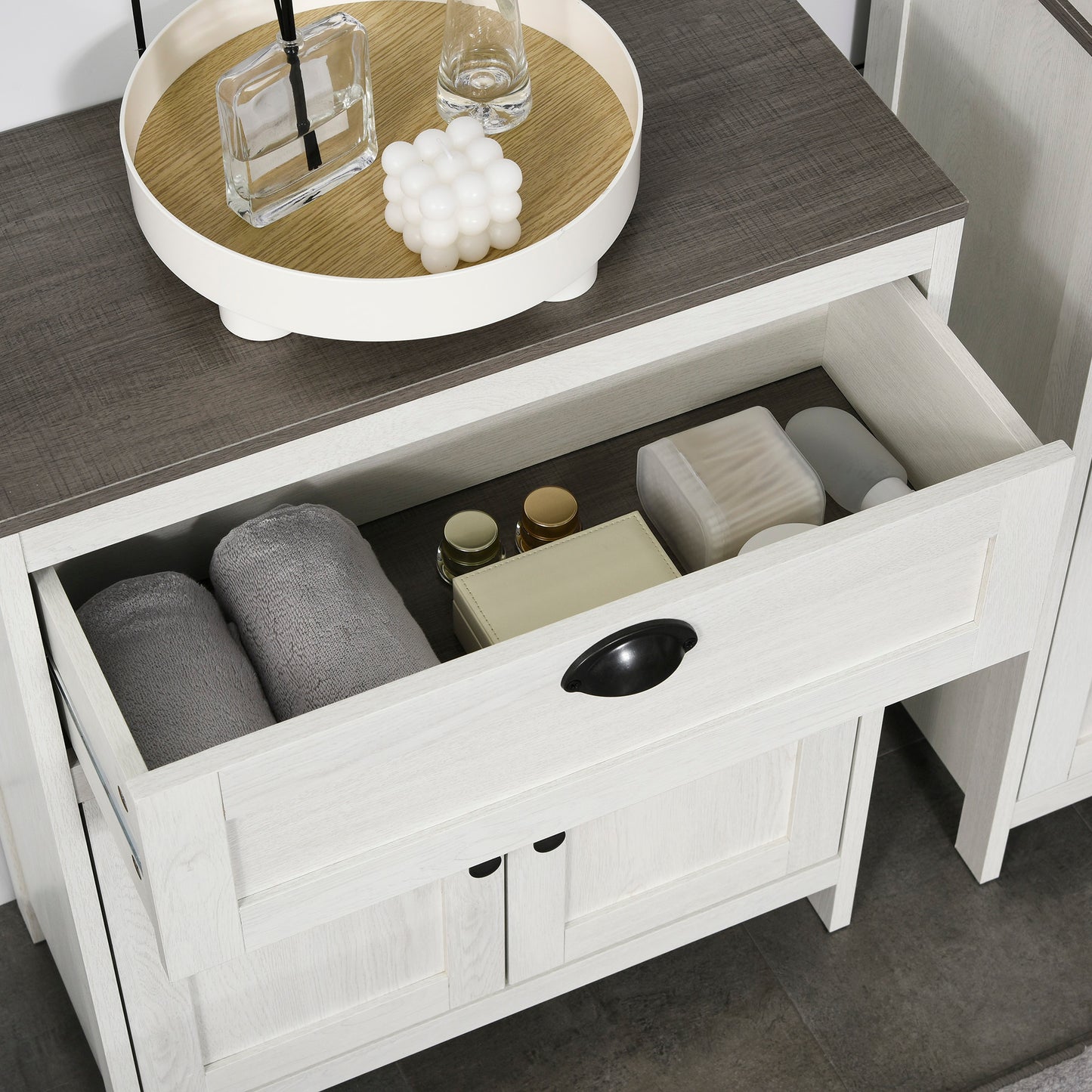 Hanaka Bathroom Furniture Set With 6 Tier Tall Cabinet Floor Storage And Under Sink Unit Antique White