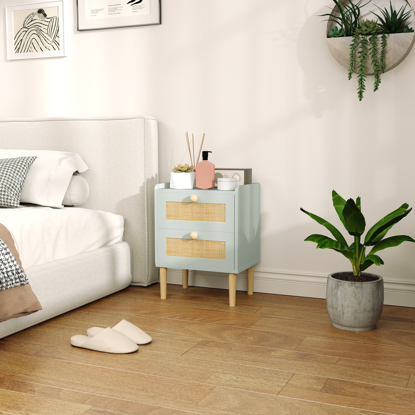 Reka Boho Olive Green Wood And Rattan 2 Drawer Bedside Table
