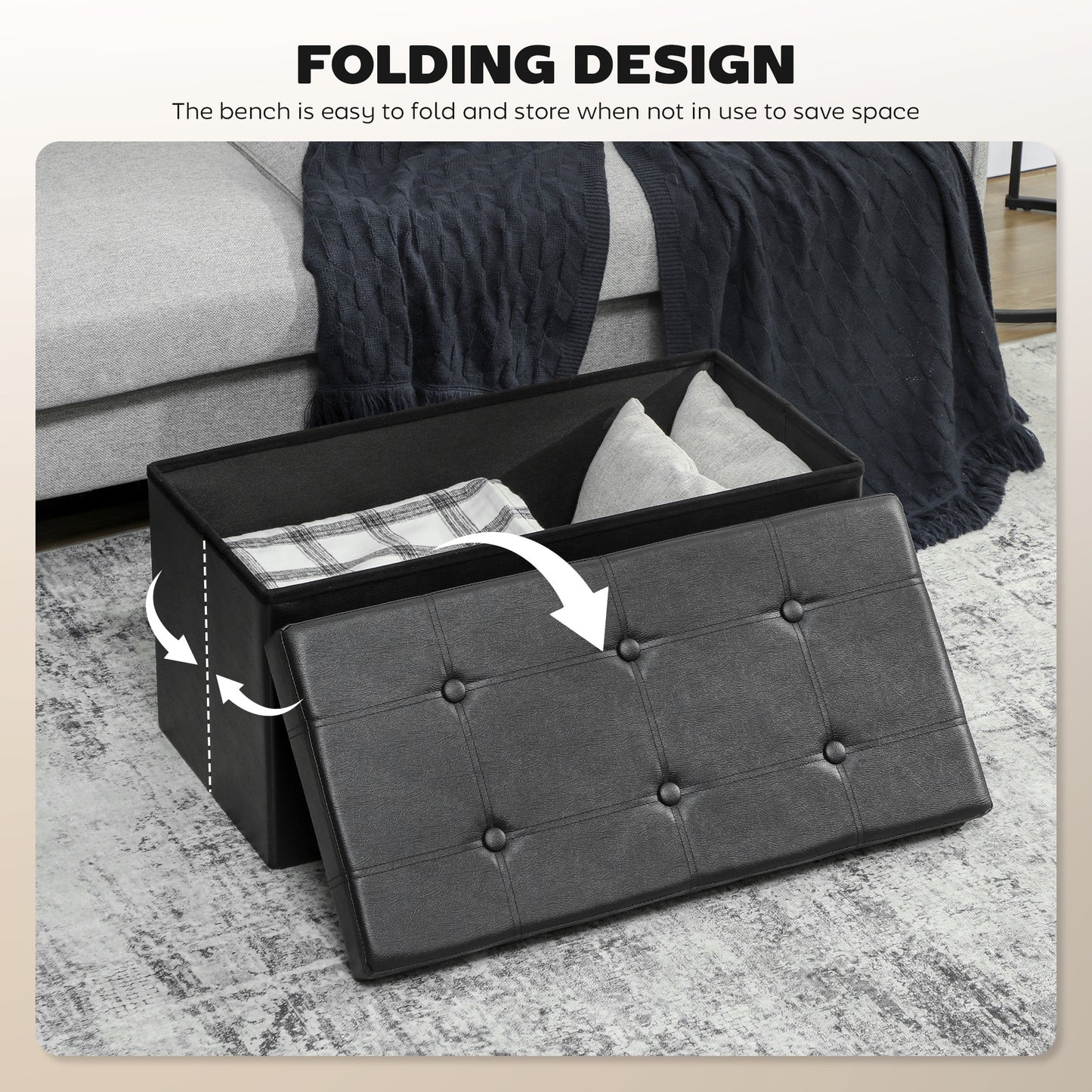 Riviri Faux Leather Black Folding Storage Ottoman Bench 89 Litre