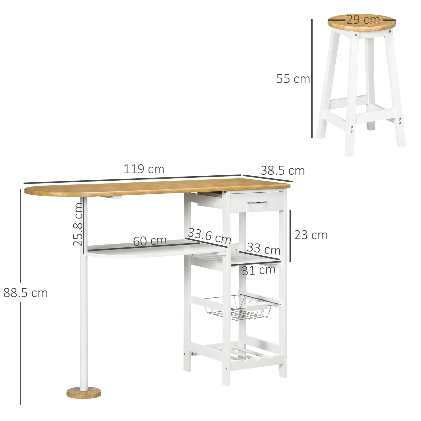 Zipa Wooden Natural And White 3 Piece Breakfast Bar Set With Storage And Wine Rack