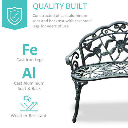 Rakeba Cast Aluminium Antique Green 2 Seater Garden Bench With Floral Backrest