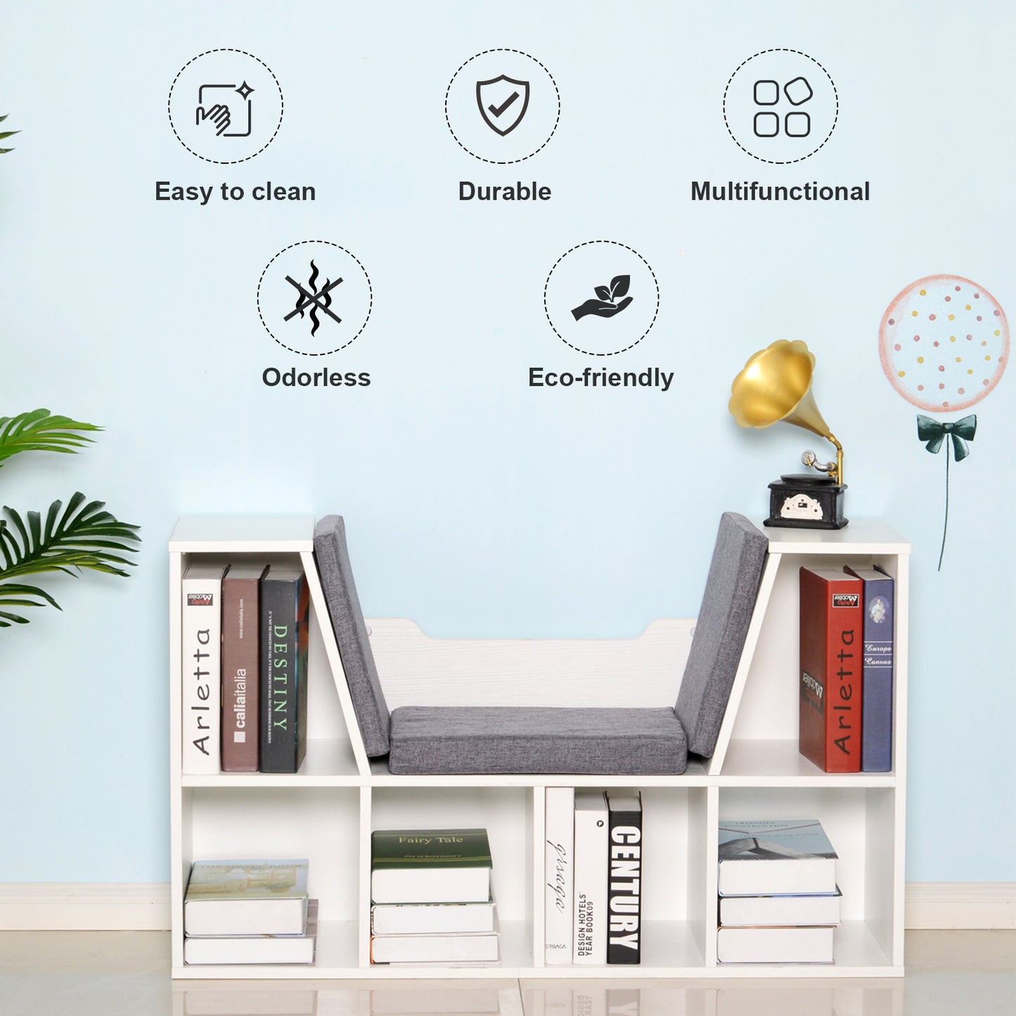 Vezito Wood White Cube Bookcase With Cushioned Seat