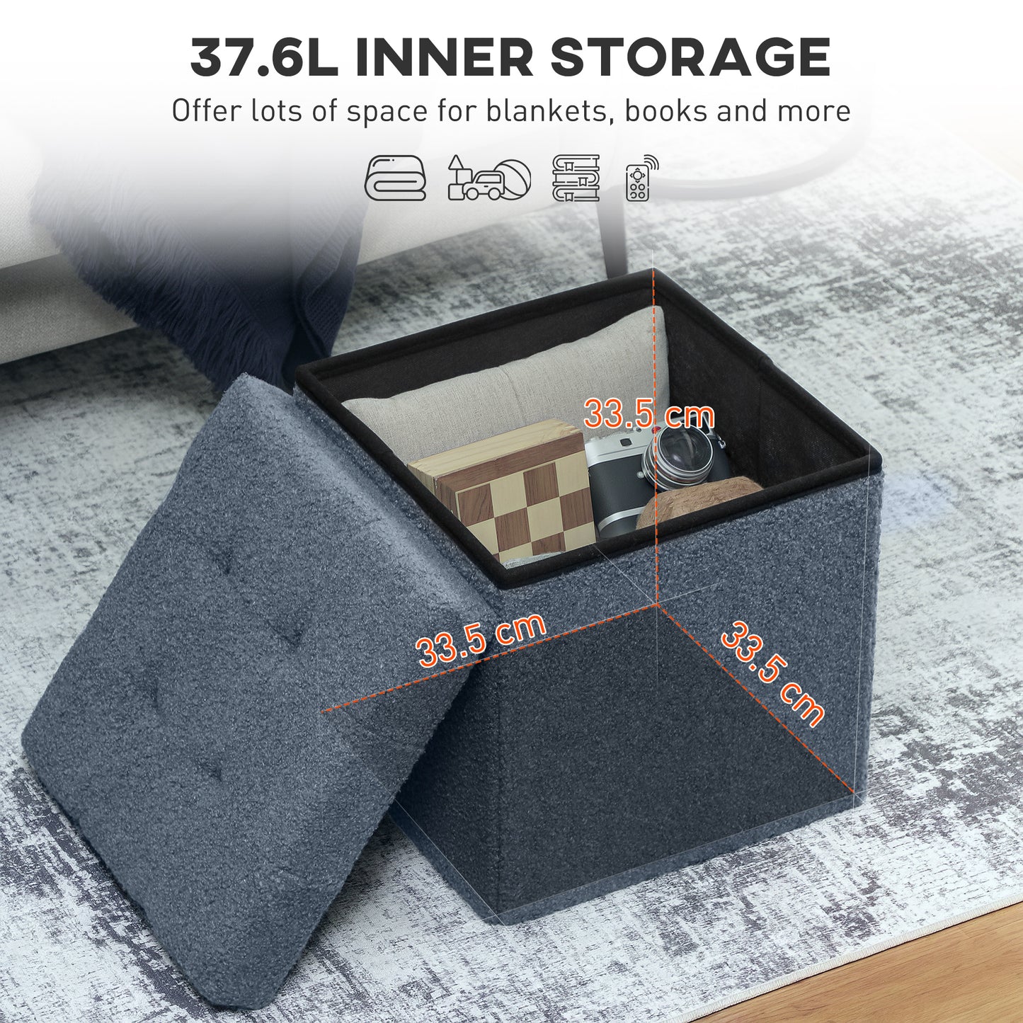 Fazi Sherpa Fleece Blue Foldable Storage Ottoman Diamond Tufted Lid