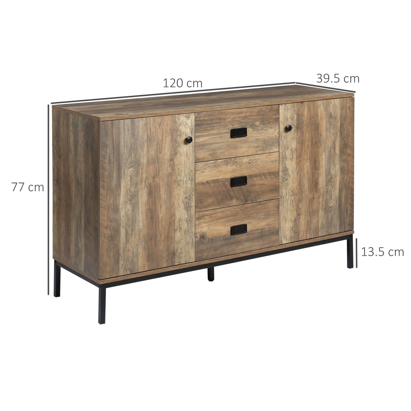 Mango Retro Wood Effect Modern Sideboard 3 Drawers 2 Doors
