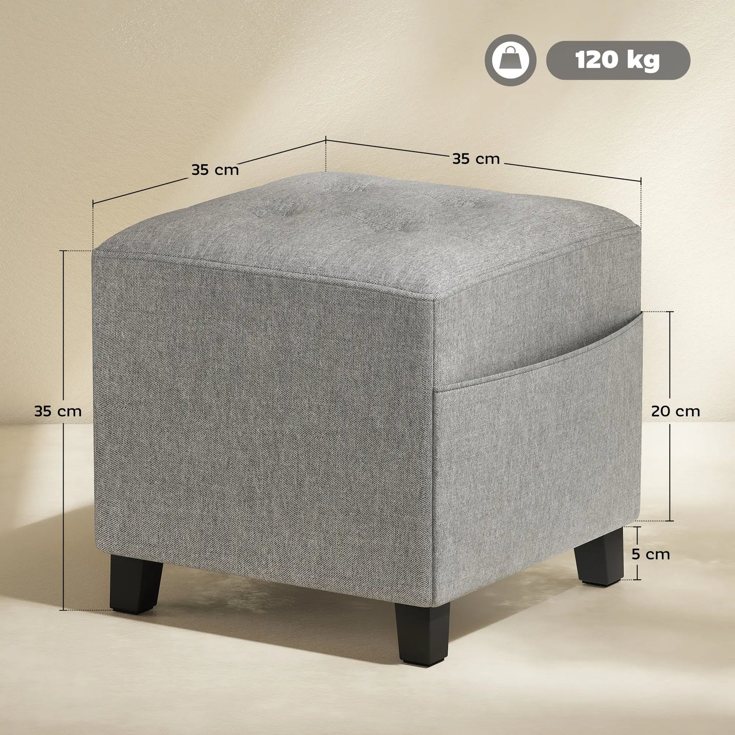 Linen Light Grey Compact Square Footstool With Side Pocket And Black Wooden Legs