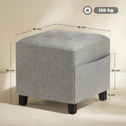 Linen Light Grey Compact Square Footstool With Side Pocket And Black Wooden Legs
