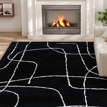 Eldi Black and White Fluffy High Pile Geometric Rug 170 x 120cm