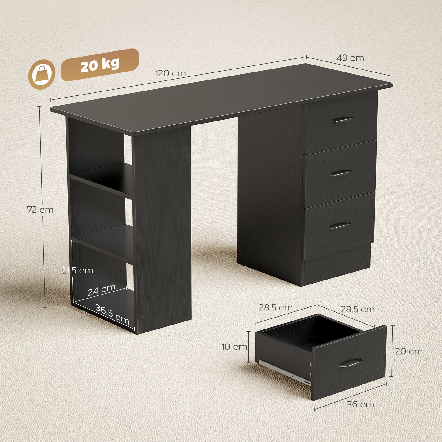 Malilu 120cm Wooden Black Home Office Desk With 3 Shelves And Drawer Storage