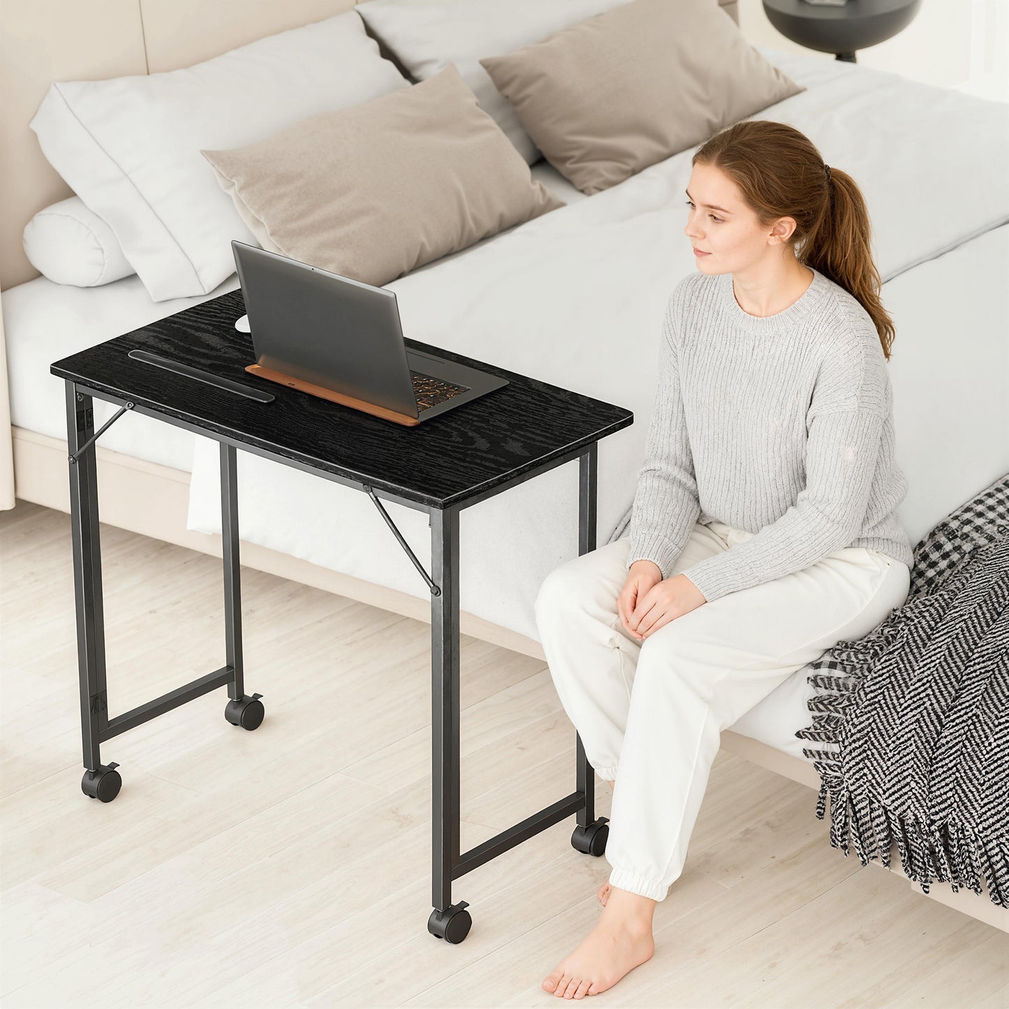 Schut 80cm Wooden Black Folding Desk Lockable Wheels