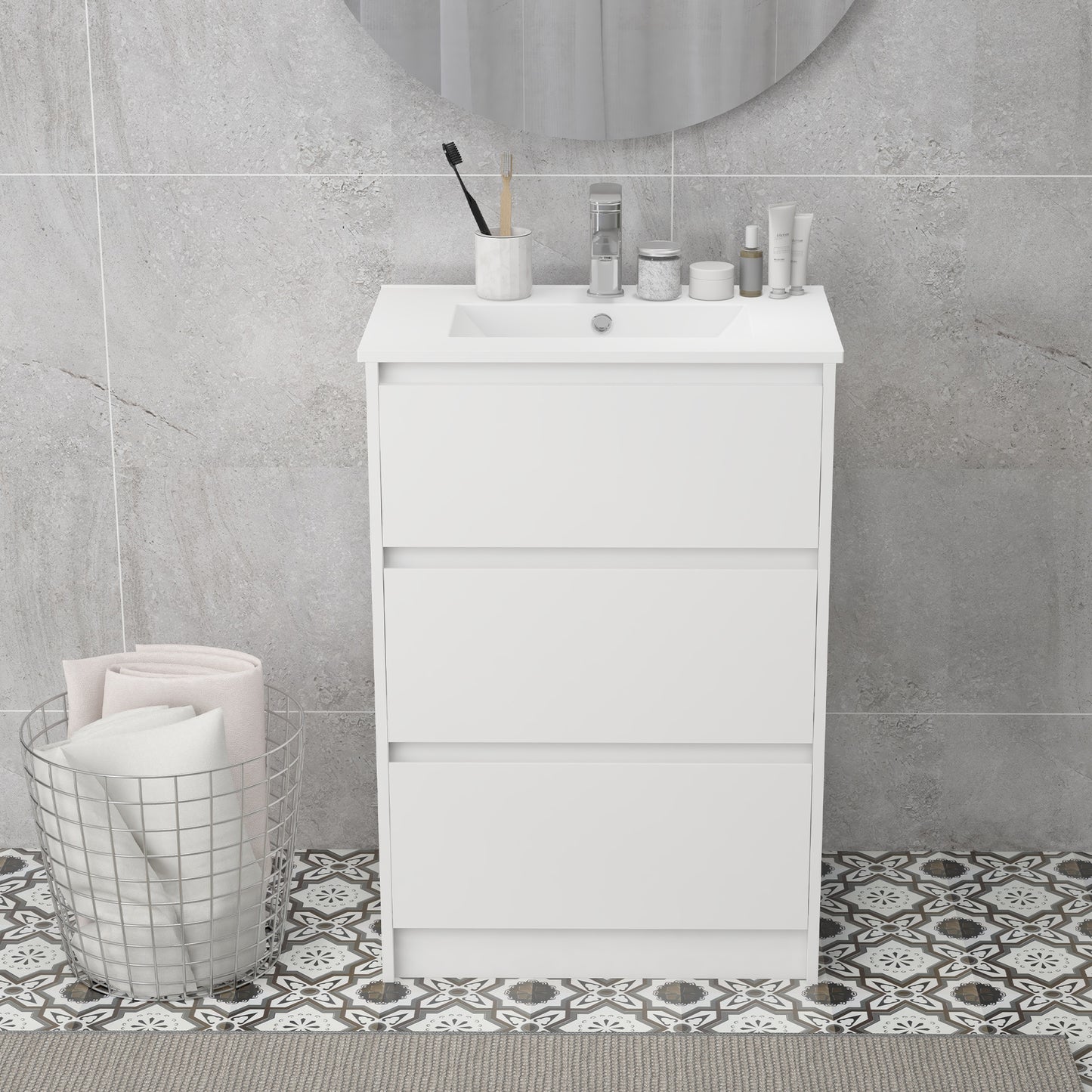 Nilute Floor Standing Bathroom Vanity Unit With Basin And 2 Drawers High Gloss White 600mm
