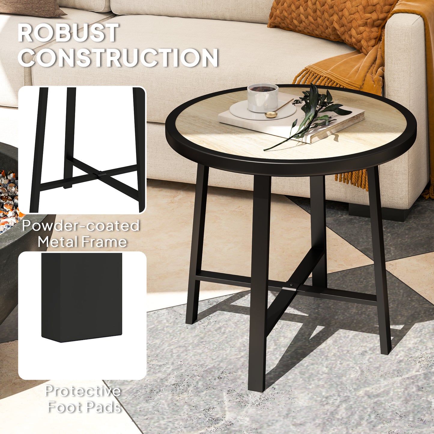 Moreve Black and Natural Wood Effect Round Outdoor Side Table With Steel Frame