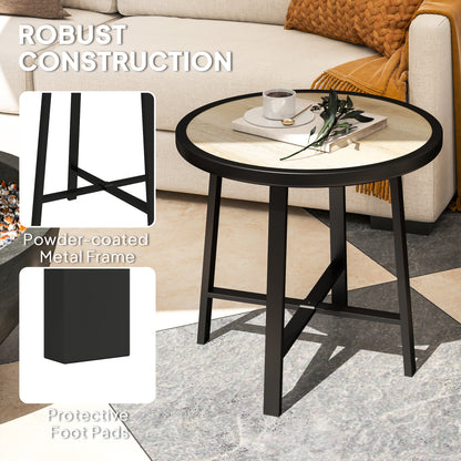 Moreve Black and Natural Wood Effect Round Outdoor Side Table With Steel Frame