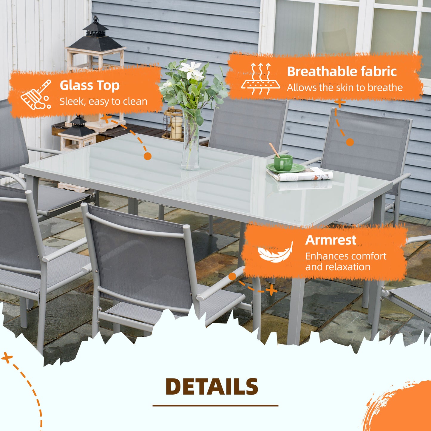 Mayoso 6 Seater Steel White and Grey Garden Dining Set With Glass Top Table And Stackable Chairs