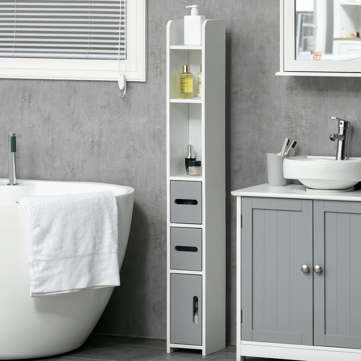 Dono Tall Freestanding Bathroom Storage Unit With OFauxn Shelves And Cupboards Grey