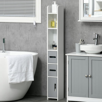 Dono Tall Freestanding Bathroom Storage Unit With OFauxn Shelves And Cupboards Grey