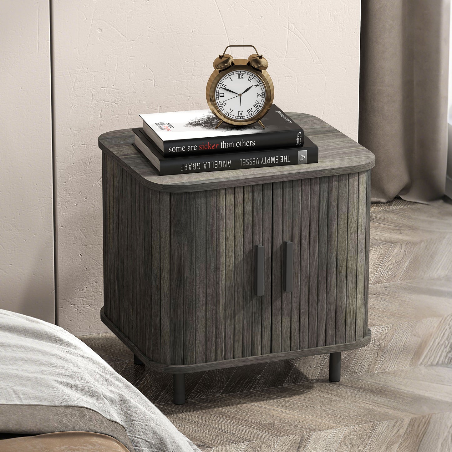 Pasaba Grey Nordic Bedside Table With Tambour Sliding Door And Metal Legs